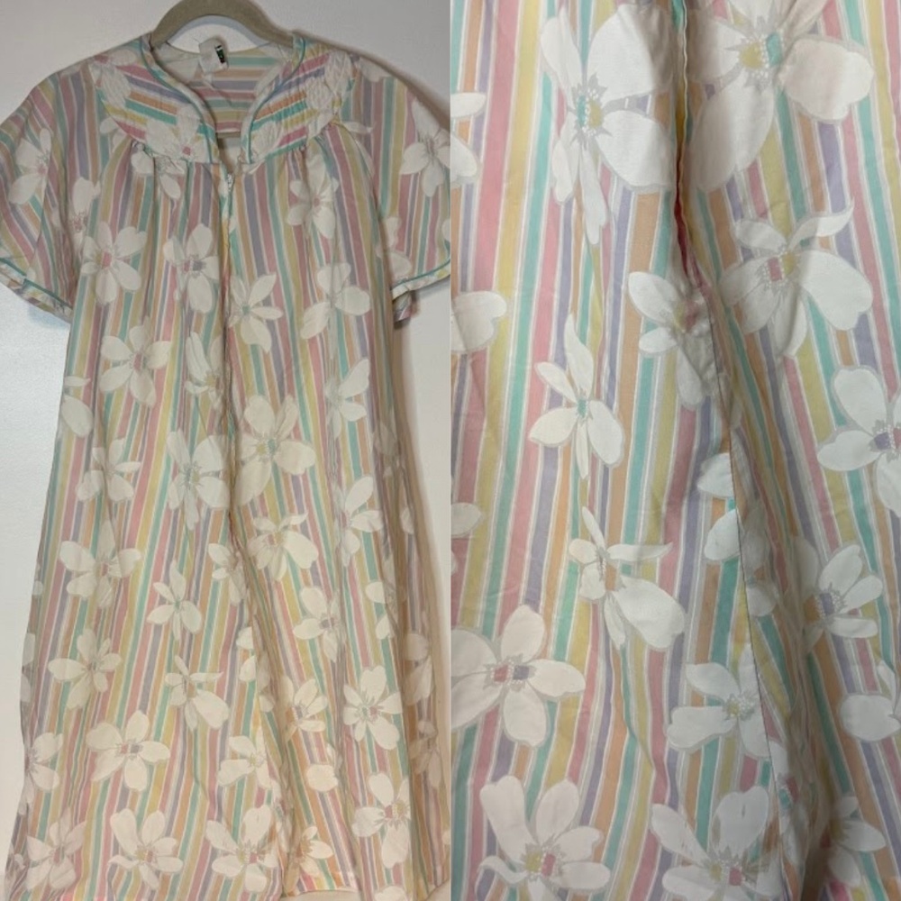 Vintage 80s Pastel Rainbow Stripes Floral Print House Dress Nightgown